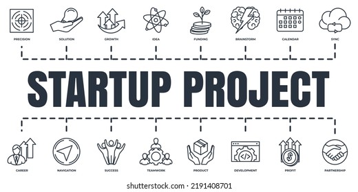 Startup project and development banner web icon set. solution, brainstorm, calendar, idea, growth, partnership, success and more vector illustration concept.