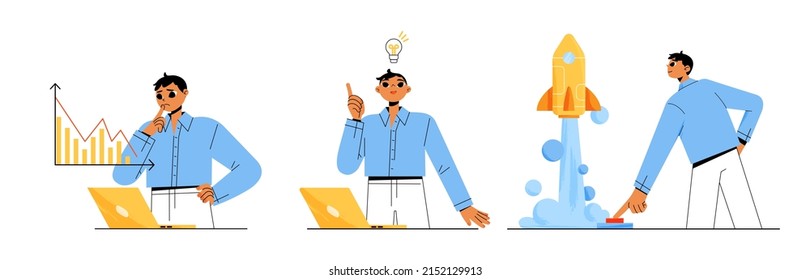 Startup project development and boost, successful business start up launch. man push start button and rocket fly up. Manager analysing company statistics on laptop, Line art flat vector illustration