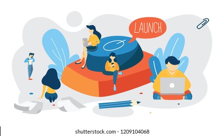 Startup Project Giant Launch Button. Business Start Concept. Idea Of Personal Development And Entrepreneurship. Isolated Flat Vector Illustration