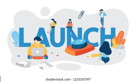 Startup Project Giant Launch Button. Business Start Concept. Idea Of Personal Development And Entrepreneurship. Isolated Flat Vector Illustration