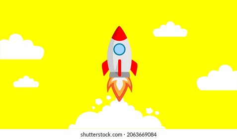 Startup project. Horizontal concept, banner, rocket launch. Vector illustration