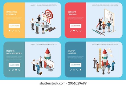 Juego de banners isométricos del proyecto de inicio con concepto de investigación de marketing creación de reunión con inversores y descripciones lanzadas por la empresa de inicio ilustración vectorial