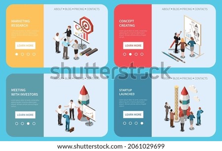 Startup project isometric banner set with marketing research concept creating meeting with investors and startup launched descriptions vector illustration