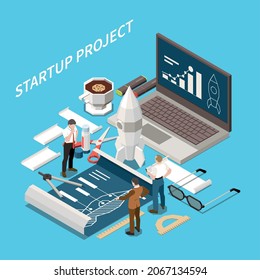 Startup project isometric concept with descriptions and marketing analysts on work and with equipment and tools vector illustration