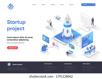 Startup-Projekt isometrische Landing-Seite. Team der Startup-Gründer starten neue Projekt-Isometrie-Webseite. Website-Template für Innovation-Lösung, Vektorgrafik mit Menschen-Zeichen.