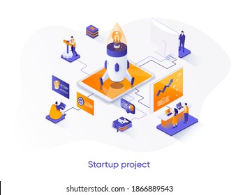 Startup project isometric web banner. Team of startup founders launching new project isometry concept. Innovation solution development 3d scene design. Vector illustration with people characters.