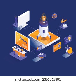 Startup project isometric web banner Team of startup founders launching new project isometry concept Innovation solution development 3d scene design
