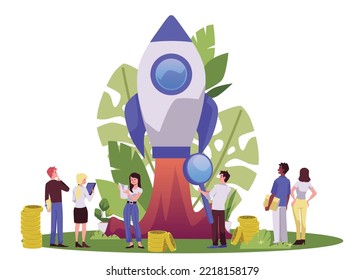 Startup project launch and beginning a new business concept with people nearby rocket ship, flat cartoon vector illustration isolated on white background.