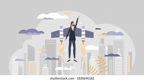 Startup project launch with entrepreneur innovative idea tiny person concept. Creative breakthrough scene for development growth and progress vector illustration. Start and beginning of work process.