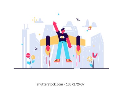 Lanzamiento del proyecto de emprendimiento con el concepto de emprendedor innovador de idea diminuta persona. Escenario innovador para el crecimiento del desarrollo y la ilustración de los vectores de progreso. Inicio e inicio del proceso de trabajo.