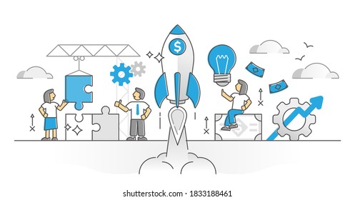 Startup project launch with innovative business idea monocolor outline concept. Company teamwork scene with problem overcome and solution finding to reach financial money profit vector illustration.