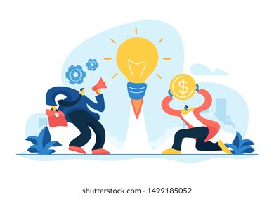 Startup, project launch. Team brainstorming, searching solution. Business idea, business plan, small business launcher, business development concept. Vector isolated concept creative illustration