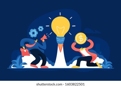 Inicio, inicio del proyecto. Lluvia de ideas en equipo, solución de búsqueda. Idea comercial, plan de negocios, lanzador de pequeñas empresas, concepto de desarrollo de negocios. Ilustración creativa de concepto aislado por vectores