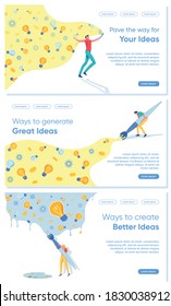 Startup Project Launching Creative Business Idea Set. Seeking Suitable Suggestions and Solutions, Leading Technologies and Innovations for Market Conquest and Promotion. Flat Vector Illustration.