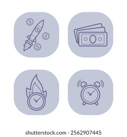 Startup project line icon set. Rocket launch, money, burning clock, ringing alarm. Business, new project, deadline and finance concept. Vector illustrations for web design and apps