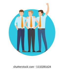 Startup project poster with three office workers hugging and raise hand up, teambuilding concept, cooperation in business, people isolated on white.