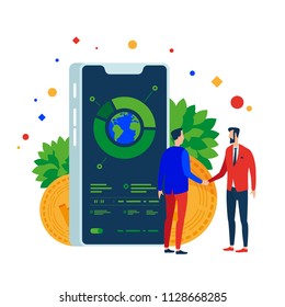 Startup project raised investments. Entrepreneur and investor shake hands. The transaction was successful. Vector illustration. Separate objects. Isolate.