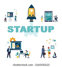 Startup project rocket. A group of people come up with an idea, start a new business project in a young creative business company. Career advancement to success, business analysis. Vector illustration