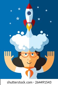 startup project. rocket sart from businesswoman head. vector illustration