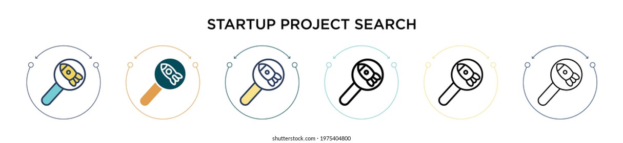 Startup project search icon in filled, thin line, outline and stroke style. Vector illustration of two colored and black startup project search vector icons designs can be used for mobile, ui, web