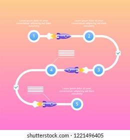 Startup project steps infographics. Rocket on its way with staypoints. Vector flat illustration. 
