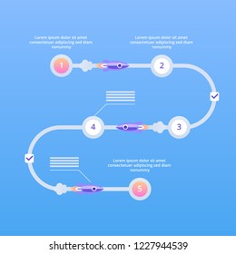 Startup project steps infographics. Rocket on its way with staypoints. Vector flat illustration. 