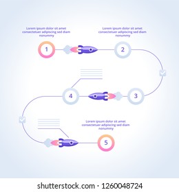 Startup project steps infographics. Rocket on its way with staypoints. Vector flat illustration. 