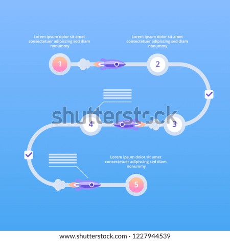 Startup project steps infographics. Rocket on its way with staypoints. Vector flat illustration. 