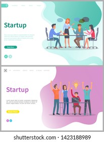 Startup project, teamwork strategy and success. People discussion together, using wireless gadget, phone and laptop. Man and woman discussion new business idea vector. Website template, flat style of