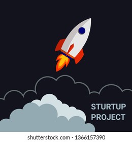 Startup project. Vector flat illustration. Launch of a rocket.