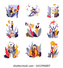 Startup and projects business concepts isolated icons businessman and vector graphics and deadline messaging and ideas cooperation and success online work and profit management and finance or selling