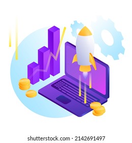 Startup projects Illustration. Computer, Graph, Rocket and Coins. Vector illustration