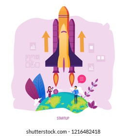 Startup projects. Investments, business development, boost business, creative ideas of startup. Organization of working processes, working together to achieve high results. Vector illustration.