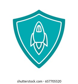 Startup projects protection glyph color icon. Security shield with spaceship. Silhouette symbol on white background. Negative space. Vector illustration