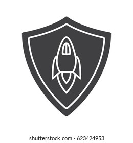 Startup projects protection glyph icon. Silhouette symbol. Security shield with spaceship. Negative space. Vector isolated illustration