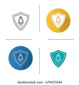 Startup projects protection icon. Flat design, linear and glyph color styles. Security shield with spaceship. Isolated vector illustrations