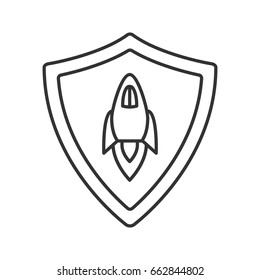 Startup projects protection linear icon. Thin line illustration. Security shield with spaceship contour symbol. Vector isolated outline drawing