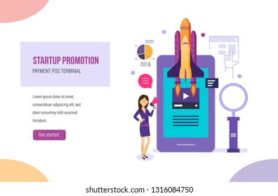 Startup promotion. Launch of new products, services in company's business, promotion on market, news, tv, set of marketing activities, smm analysis, research in social networks. Vector illustration.