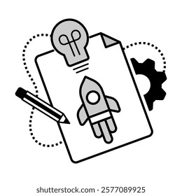 Startup Proposal Icon – Rocket with Document, Gear, and Pencil Representing Business Launch Planning