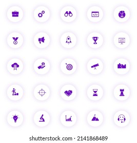 Violett-Farbvektorsymbole auf hellrunden Tasten mit violettem Schatten starten. Startsymbol-Set für Web, mobile Apps, i-Design und Print