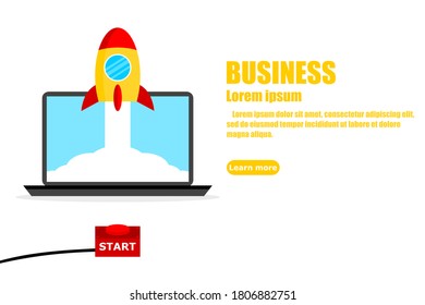 Startup. Push the start button rocket ship. Designed can use for web banner. Business Concept. Vector illustration
