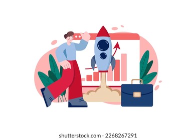 Concepto de inicio rojo con escena de personas en el estilo de dibujos planos. Guy lanza su primer emprendimiento y mira su desarrollo. Ilustración vectorial.