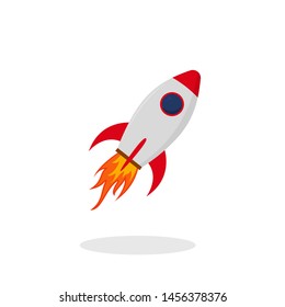 Startup red rocket in flat style. Launch rocket icon on isolated background. Red shuttle with fire. vector illustration