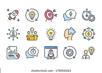 Startup Related Color Line Icon Set. Creative Idea And Business Process Colorful Linear Icons. Launch Of The Project Flat Color Outline Vector Sign Collection.