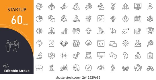 Startup related icon collections. Containing idea, rocket, launch, innovation, plan, growth, pitch, funding, goal, strategy icons. Editable Stroke.