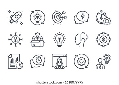 Startup related line icon set. Creative idea linear icons. Launch of the project outline vector sign collection.