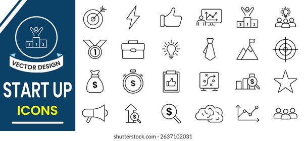 Startup related line icon vector collections. Startup icon symbol such as investment, strategy, idea, growth, innovation, business, launch and more. Vector illustration.