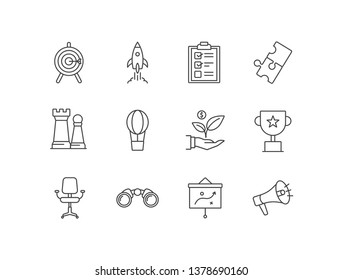 Startup related line icons with target, launch, solution, strategy, money growth, award, binoculars, office, marketing.