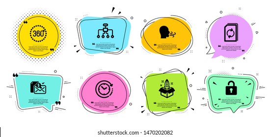 Startup, Restructuring and 360 degrees line icons set. Chat bubbles with quotes. Time change, Accounting report and Update document signs. Lock, Breathing exercise symbols. Vector