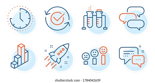 Startup rocket, 3d chart and Employees messenger signs. Approved, Chemistry beaker and Customer satisfaction line icons set. Talk bubble, Time symbols. Refresh symbol, Laboratory flask. Vector